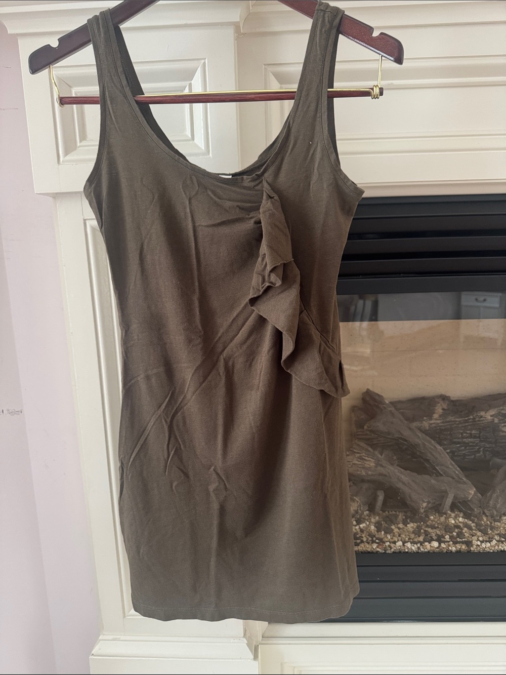 Esprit Olive Green Cotton/Modal Sleeveless Ruffle Front Mini Dress